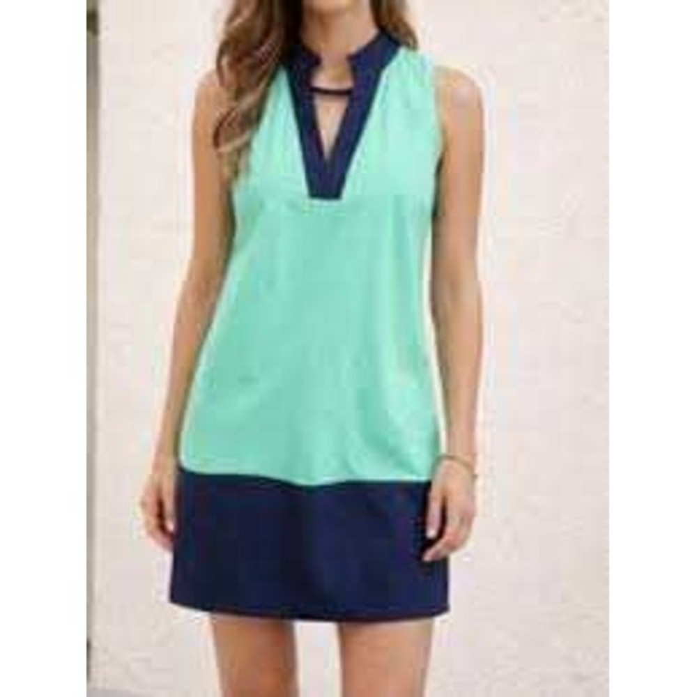 Sail to Sable Women Mint Green Navy Blue Cotton Blend Shift Dress Color Block L
